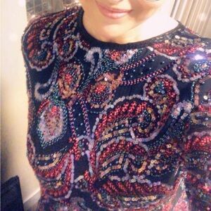 OLEG CASSINI 100%SILK VINTAGE BEADED BLOUSE/SIZE LARGE